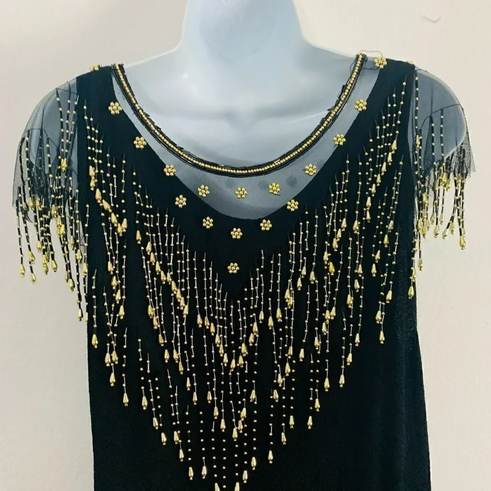 Vintage Black Christmas New Years Festive Dress w/ Gold Sheer Beaded Overlay - Picture 6 of 14